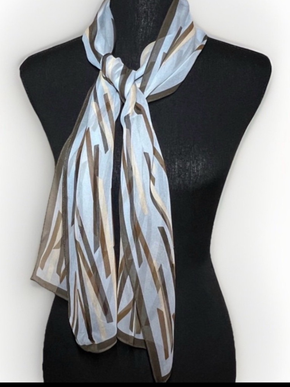 100% Silk Vintage Anne Klein Geometric Abstract Scarf Light Blue Brown 52 X 10 - Picture 4 of 7